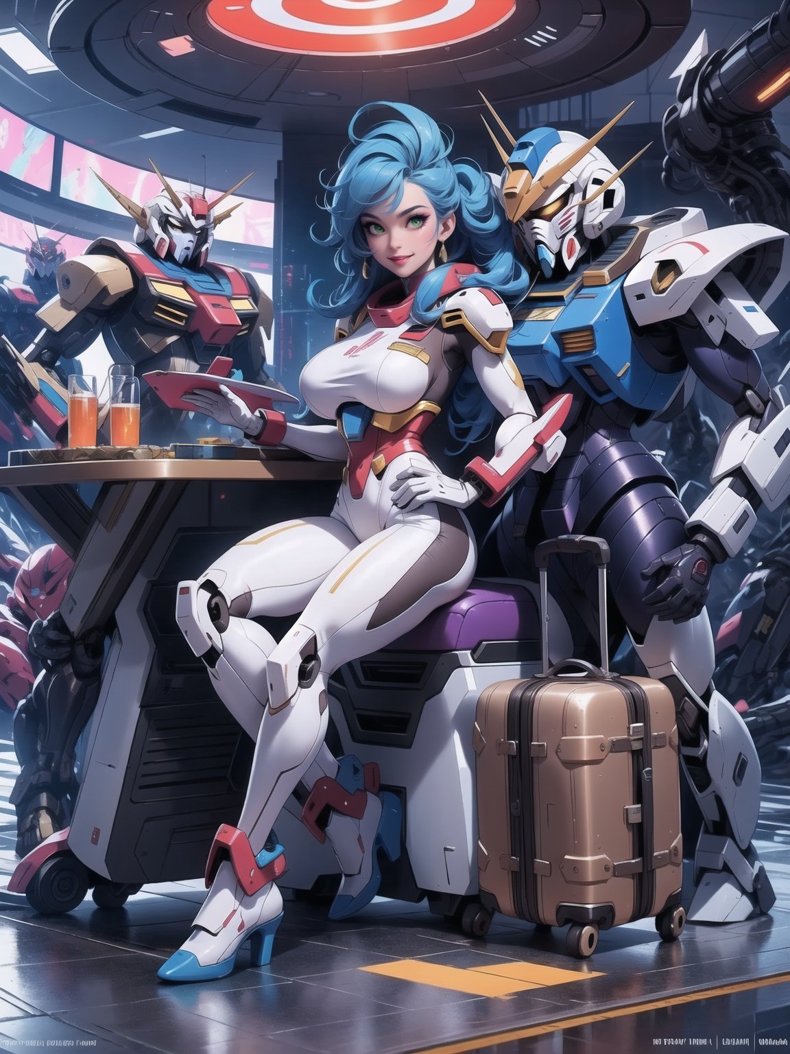 Solo woman, wearing mecha suit+cybernetic armor+gundam suit, all white with parts in blue, gigantic breasts, mohawk hair, blue hair, messy hair, looking directly at the viewer, she is, in an alien airport, with many machines, many aliens, many people transiting, glass table, chair, luggage carts, ((gundam, futuristic, ultra-technological, alien)), 16K, UHD, best possible quality, ultra detailed, best possible resolution, Unreal Engine 5, professional photography, she is, (((Sensual pose with interaction and leaning on anything+object+on something+leaning against))), better_hands, More detail, (((full body))),