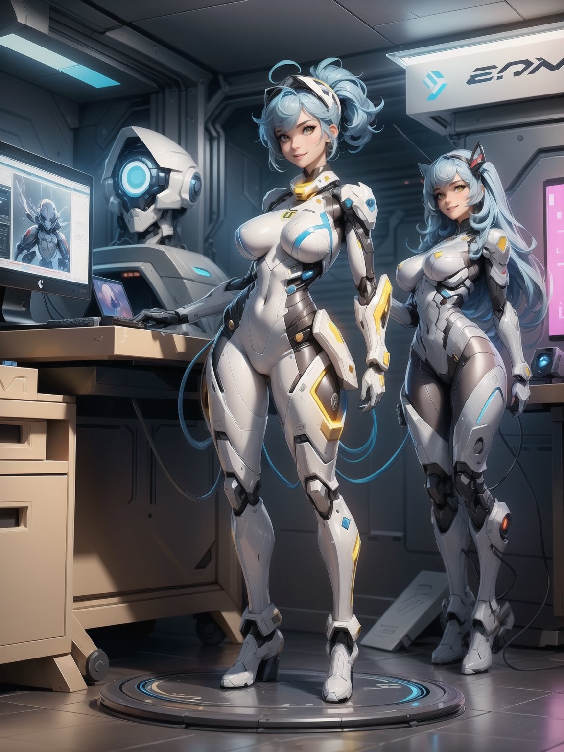 A woman, wearing mecha suit+robotic suit+cyber suit, white+parts in blue+yellow lights, costume very tight on the body, ((gigantic breasts, wearing capus), blue hair, very short hair, hair with bangs in front of the eyes, is looking at the viewer, (((sensual pose with interaction and leaning on anything+object+leaning against))) in an alien dungeon, with futuristic machines, computers on the walls, control panels, teleportation with interdimensional portal, slimes, aliens with cybernetic armor, ((full body):1.5), 16k, UHD, maximum quality, maximum resolution, ultra-realistic, ultra-detailed, ((perfect_hands)), Furtastic_Detailer,Goodhands-beta2