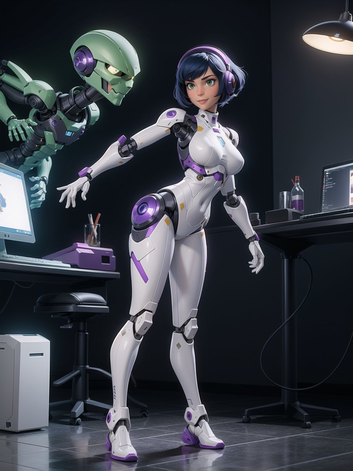 A woman, wearing mecha+armor mecha+robotic armor, white suit with purple parts, very tight and tight suit on the body, gigantic breasts, short hair, blue hair, c hair fastened with fastener, hair with bangs in front of the eyes, hair straight, (((looking at the viewer, sensual pose+Interacting+leaning on anything+object+leaning against))) in a laboratory of scientific experiments,  with many machines, glass reservoirs with alien bodies, many computers, equipment, ((full body)), 16K, UHD, unreal engine 5, quality max, max resolution, ultra-realistic, ultra-detailed, maximum sharpness, ((perfect_hands, perfect_legs)), Goodhands-beta2, ((Alien, robotic body, cybernetic armor))