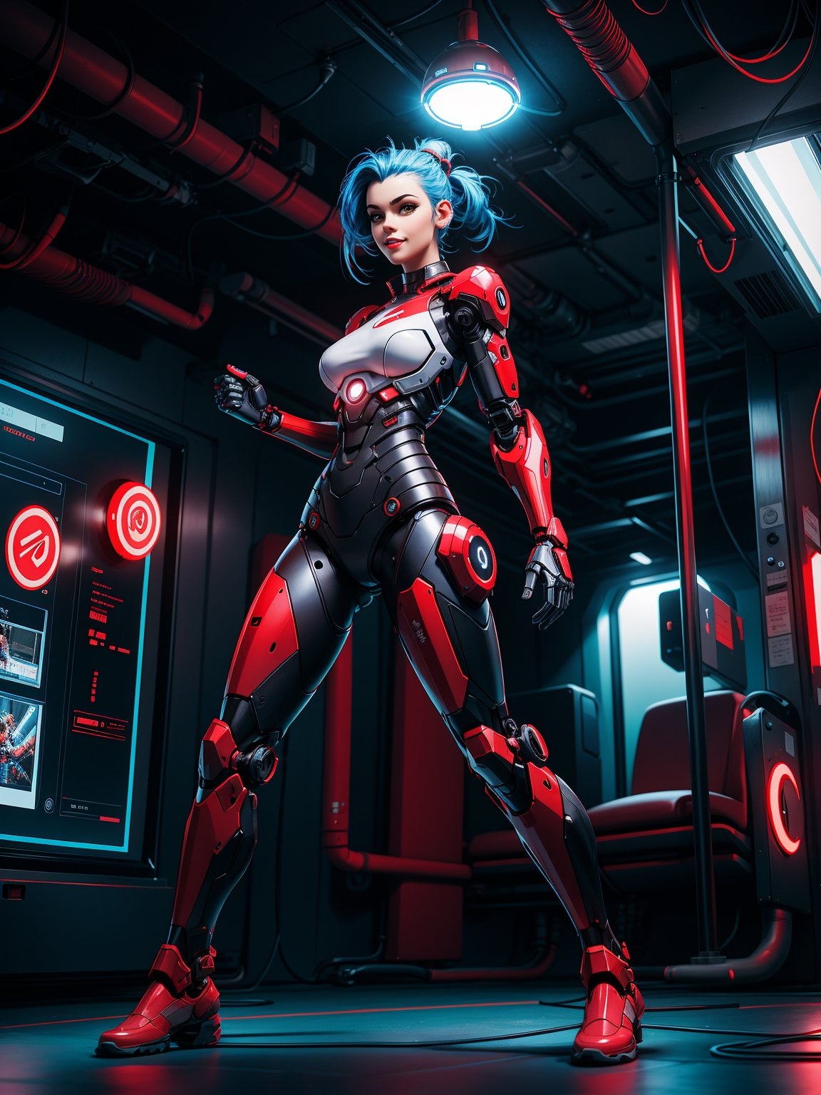 A woman, cybernetic suit + white wick suit with red couplings, suit with lights, very tight suit, ((robotic body parts)), gigantic breasts, blue hair, short hair, mohawk hair, ponytail hair, ((cybernetic helmet on the head)), looking at the viewer, ((pose with interaction and leaning on [something|an object])), on a train with many computers, radiation machines, structures, robots, ((full body):1.5), 16k, UHD, best possible quality, ultra detailed, best possible resolution, Unreal Engine 5, professional photography, hand and fingers well done, well-structured fingers and hands, well-detailed fingers, well-detailed hand, perfect_hands, perfect, ((cyberpunk))