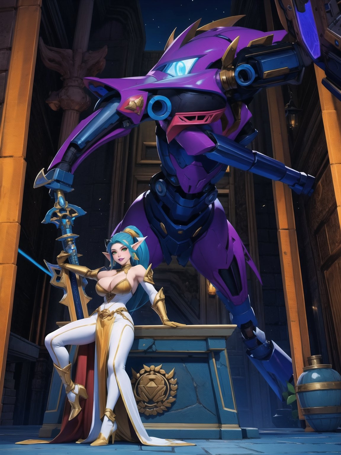 Solo woman, ((mecha costume all white, parts in blue, lights in yellow, gigantic breasts)), mohawk hair, blue hair, messy hair, hair with ponytail, looking directly at the viewer, she is, in a very old dungeon at the top of the mountains at night, with many altars, slimes, large weapons, metal Golems, heavy weapons, large stones, scaly monsters, super metroid, ultra technological, warcraft, zelda breath of the wild, 16K, UHD, best possible quality, ultra detailed, best possible resolution, Unreal Engine 5, super metroid, professional photography, she is, (((Sensual pose with interaction and leaning on anything+object+on something+leaning against))), better_hands, ((full body)), More detail, 