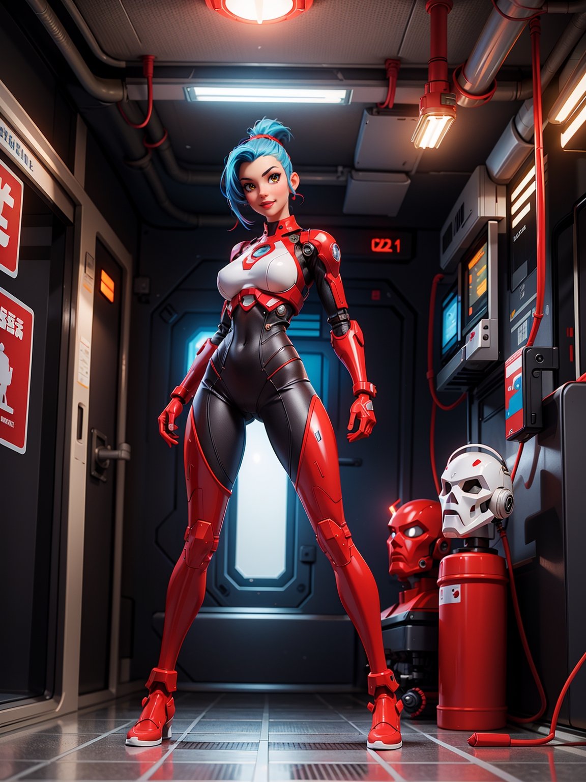 A woman, cybernetic suit + white wick suit with red couplings, suit with lights, very tight suit, robotic body parts, ((gigantic breasts)), blue hair, short hair, mohawk hair, ponytail hair, ((cybernetic helmet on the head)), looking at the viewer, ((pose with interaction and leaning on [something|an object])), on a train with many computers, radiation machines, structures, robots, ((full body):1.5), 16k, UHD, best possible quality, ultra detailed, best possible resolution, Unreal Engine 5, professional photography, hand and fingers well done, well-structured fingers and hands, well-detailed fingers, well-detailed hand, perfect_hands, perfect, ((cyberpunk))