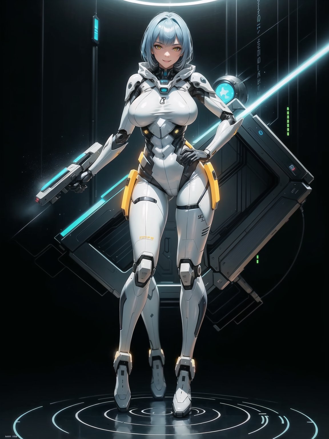 A woman, wearing mecha suit+robotic suit+cyber suit, white+parts in blue+yellow lights, costume very tight on the body, ((gigantic breasts, hood), blue hair, very short hair, hair with bangs in front of the eyes, is looking at the viewer, (((sensual pose with interaction and leaning on anything+object+leaning against))) in an alien dungeon, with futuristic machines, computers on the walls, control panels, teleportation with interdimensional portal, slimes, aliens with cybernetic armor, ((full body):1.5), 16K, UHD, maximum quality, maximum resolution, ultra-realistic, ultra-detailed, ((perfect_hands):1), Furtastic_Detailer, Goodhands-beta2, 