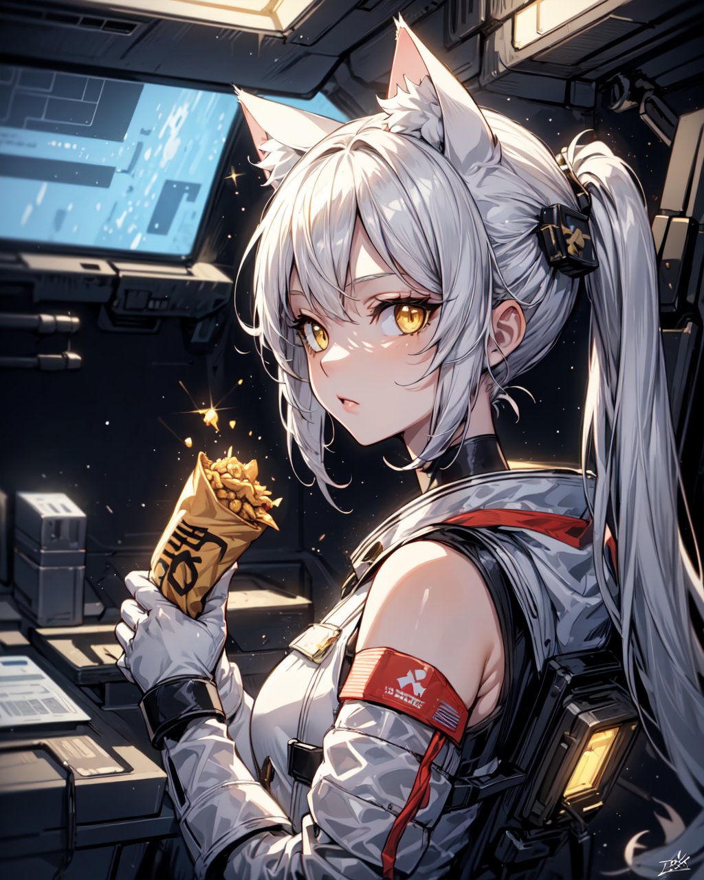 masterpiece, best quality, 1girl, spacecraft interior, spacesuit, upper body, from side, science fiction, yellow eyes, twintails, silver hair, cat ears, looking at viewer,
,Tex Mex Burrito Style,1 girl