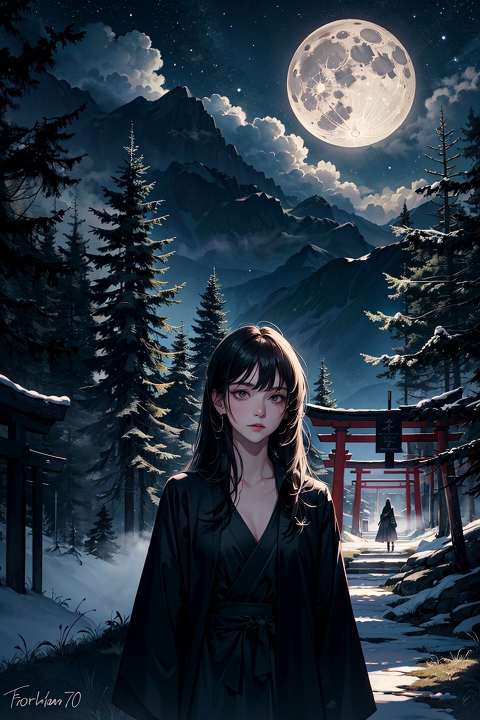 beautiful, masterpiece, best quality, extremely detailed face, perfect lighting, DarkFantasy-700, moon, fog, full moon, scenery, torii, night, sky, tree, 1girl, long hair, outdoors, cloud, spirit, moonlight, mountain, glowing, nature, ghost, forest, cloudy sky, night sky,