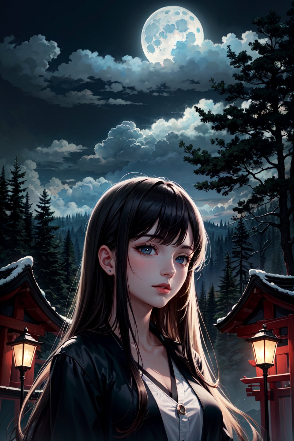 beautiful, masterpiece, best quality, extremely detailed face, perfect lighting, DarkFantasy-700, moon, fog, full moon, scenery, torii, night, sky, tree, 1girl, long hair, outdoors, cloud, spirit, moonlight, mountain, glowing, nature, ghost, forest, cloudy sky, night sky,