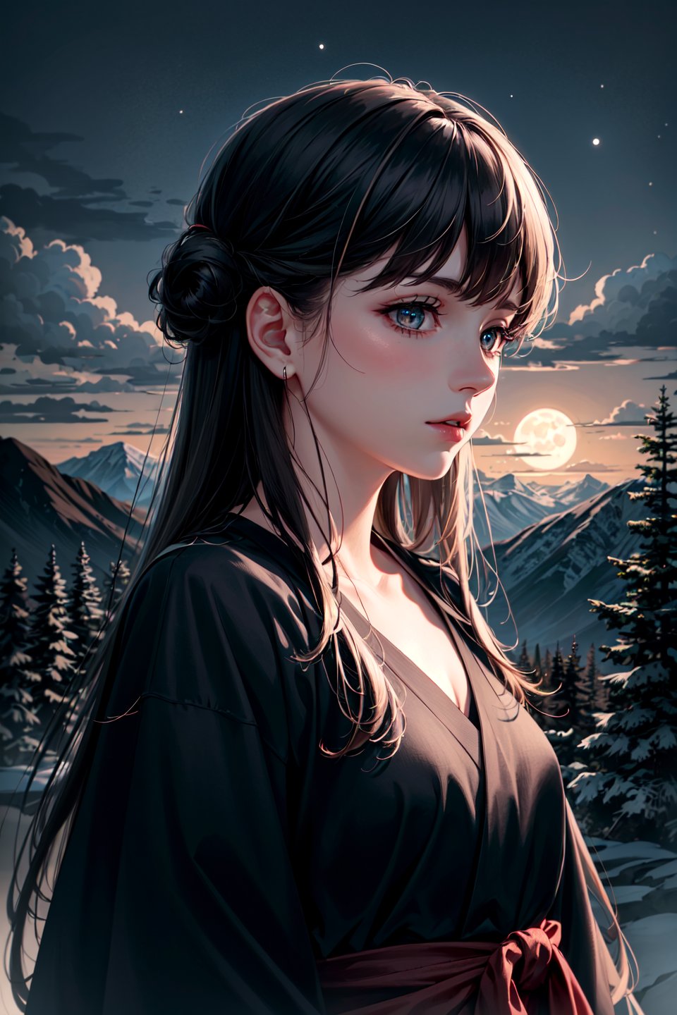beautiful, masterpiece, best quality, extremely detailed face, perfect lighting, DarkFantasy-700, moon, fog, full moon, scenery, torii, night, sky, tree, 1girl, long hair, outdoors, cloud, spirit, moonlight, mountain, glowing, nature, ghost, forest, cloudy sky, night sky,