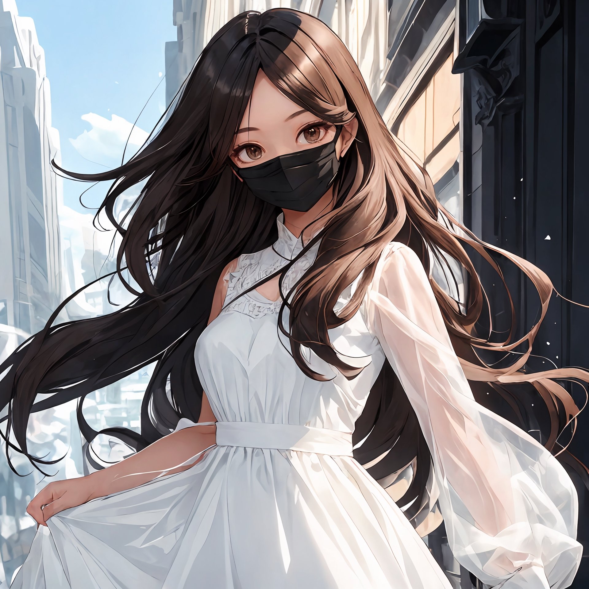 black mask,
beautiful girl
happy, clear
white dress,
longhair ,
brown hair