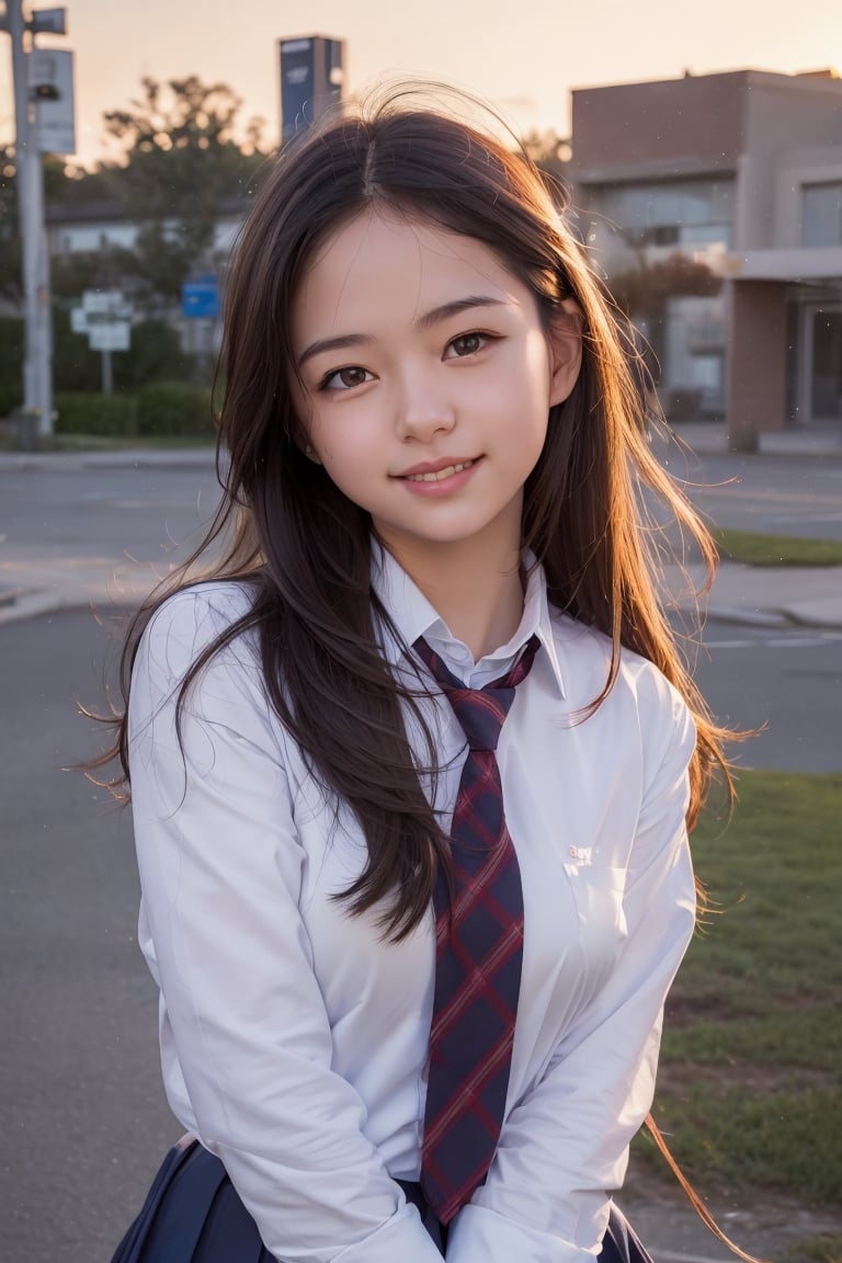 (photorealistic:1.4),beautiful young woman, school uniform,
sunset, happy, uplight
pose