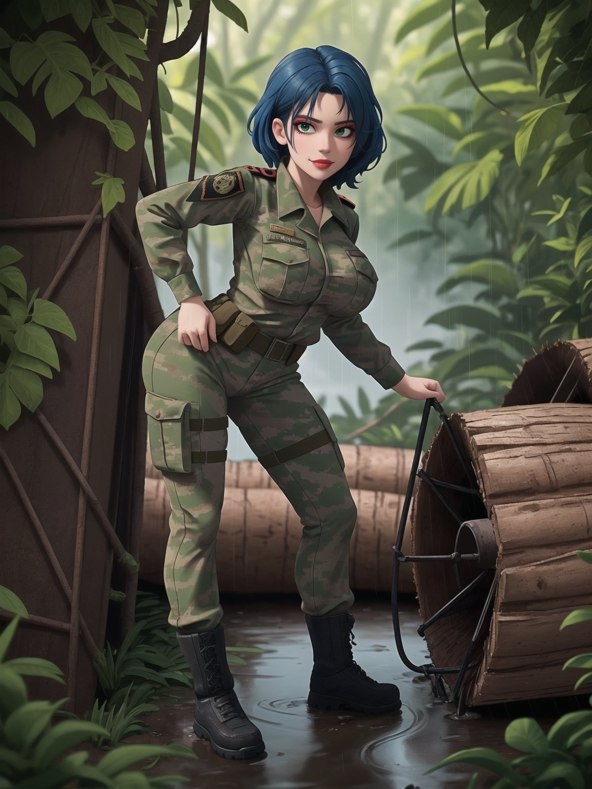 Resolution impeccable in 8K, ultra-detailed. In a style that pays homage to the Metal Gear Solid universe from Konami, created by Hideo Kojima, combining elements of realism and military aesthetics with nuances of anime. | In the dense night jungle, a stunning woman wears the iconic Snake suit from Metal Gear Solid 3. The American military uniform, snug and camouflaged for forests, stands out in detail, with soldier paint on her face. Her gigantic and firm breasts discreetly accentuate the silhouette. Blue hair, short with bangs over the right eye and two strands, adds a touch of unique style. | The figure, looking directly at the viewer, is immersed in the night jungle, filled with concrete military warehouses, trees, and logs. A military vehicle completes the scene, its presence standing out in the landscape. Heavy rain creates mud puddles, adding a dynamic element to the scene. | The composition, in atmospheric perspective, highlights the woman as the focal point, with a wide angle and an f/2.0 aperture to maximize depth. Rain lighting enhances the texture of the jungle, while the details of the suit, the figure, and the military vehicle are evident. | An extraordinary woman, embodying the essence of the Metal Gear Solid universe, facing the night challenges of the jungle with a captivating presence. | She: ((interacting and leaning on anything, very large structure+object, leaning against, sensual pose):1.3), ((Full body image)), perfect hand, fingers, hand, perfect, better_hands, More Detail,