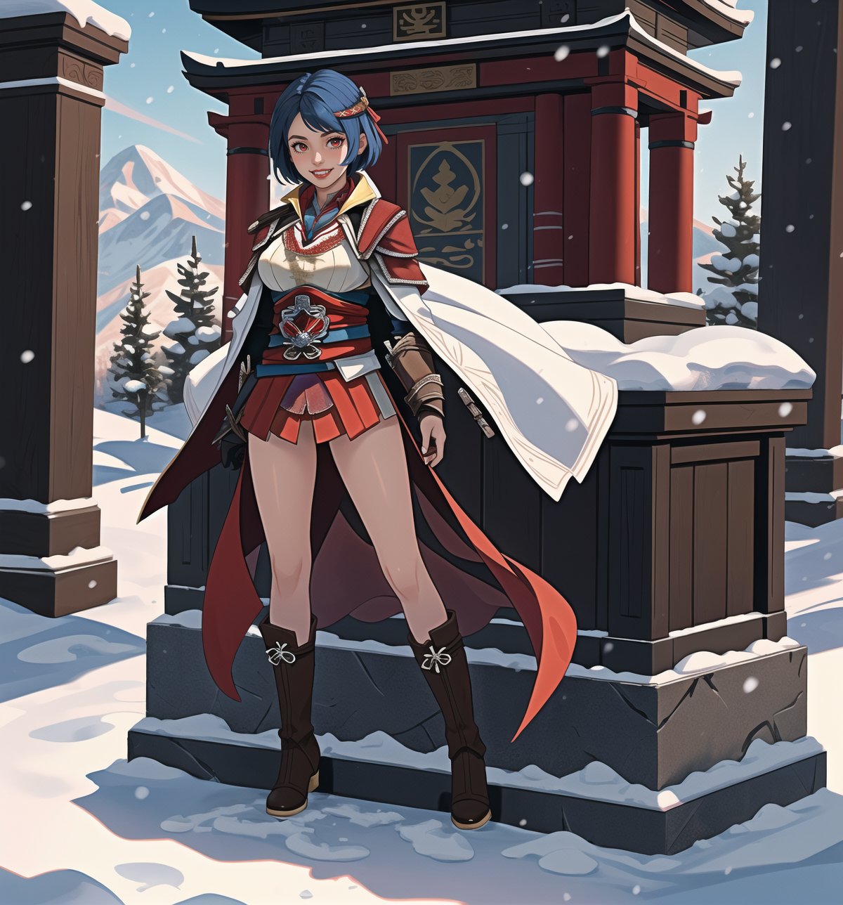 An ultra-detailed 16K masterpiece in the styles of ((Assassin's Creed)), fantasy and adventure, rendered in ultra-high resolution with realistic detail. Fammy, a beautiful 23-year-old woman, is dressed as an assassin in an ancient temple in the snowy mountains. She wears a black cape, a white tunic, a black belt, black boots and black gloves. Her short ((blue hair)) is styled in a Mohican cut with gradient effects. She has red eyes, looking at the viewer while ((smiling, showing her teeth)) and wearing red lipstick. The image emphasises Fammy's imposing figure and the architectural elements of the ancient temple. The rocky, wooden and carved structures, together with the statuettes and the backdrop of snowy mountains, create a mysterious and tense atmosphere. The melted wax candles, stone sarcophagus and bones scattered on the floor add macabre detail to the scene. Soft, sombre lighting effects create a relaxing, mysterious atmosphere, while detailed textures on the structures and costume add realism to the image. | A tense and mysterious scene of a beautiful assassin in an ancient temple in the snowy mountains, fusing elements of Assassin's Creed, fantasy and adventure. (((The image reveals a full-body shot as Fammy assumes a sensual pose, engagingly leaning against a structure within the scene in an exciting manner. She takes on a sensual pose as she interacts, boldly leaning on a structure, leaning back and boldly throwing herself onto the structure, reclining back in an exhilarating way.))). | ((((full-body shot)))), ((perfect pose)), ((perfect limbs, perfect fingers, better hands, perfect hands, hands)), ((perfect legs, perfect feet)), ((huge breasts)), ((perfect design)), ((perfect composition)), ((very detailed scene, very detailed background, perfect layout, correct imperfections)), Enhance, Ultra details++, More Detail, poakl