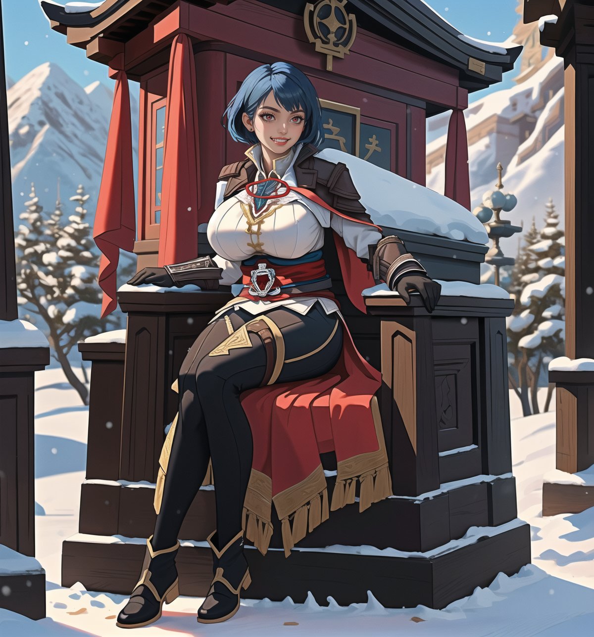 An ultra-detailed 16K masterpiece in the styles of ((Assassin's Creed)), fantasy and adventure, rendered in ultra-high resolution with realistic detail. Fammy, a beautiful 23-year-old woman, is dressed as an assassin in an ancient temple in the snowy mountains. She wears a black cape, a white tunic, a black belt, black boots and black gloves. Her short ((blue hair)) is styled in a Mohican cut with gradient effects. She has red eyes, looking at the viewer while ((smiling, showing her teeth)) and wearing red lipstick. The image emphasises Fammy's imposing figure and the architectural elements of the ancient temple. The rocky, wooden and carved structures, together with the statuettes and the backdrop of snowy mountains, create a mysterious and tense atmosphere. The melted wax candles, stone sarcophagus and bones scattered on the floor add macabre detail to the scene. Soft, sombre lighting effects create a relaxing, mysterious atmosphere, while detailed textures on the structures and costume add realism to the image. | A tense and mysterious scene of a beautiful assassin in an ancient temple in the snowy mountains, fusing elements of Assassin's Creed, fantasy and adventure. (((The image reveals a full-body shot as Fammy assumes a sensual pose, engagingly leaning against a structure within the scene in an exciting manner. She takes on a sensual pose as she interacts, boldly leaning on a structure, leaning back and boldly throwing herself onto the structure, reclining back in an exhilarating way.))). | ((((full-body shot)))), ((perfect pose)), ((perfect limbs, perfect fingers, better hands, perfect hands, hands)), ((perfect legs, perfect feet)), ((huge breasts)), ((perfect design)), ((perfect composition)), ((very detailed scene, very detailed background, perfect layout, correct imperfections)), Enhance, Ultra details++, More Detail, poakl