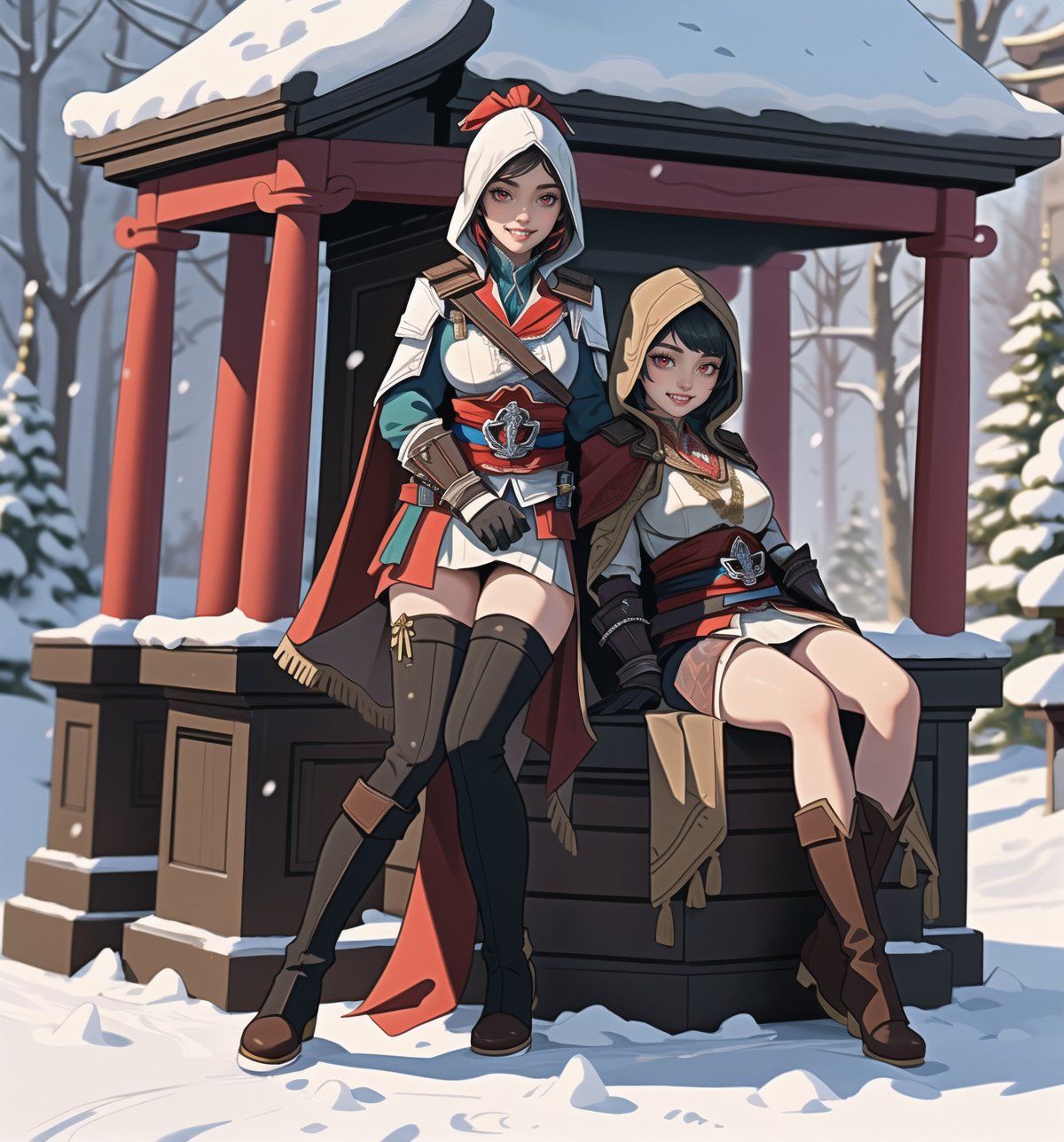 An ultra-detailed 16K masterpiece in the styles of ((Assassin's Creed)), fantasy and adventure, rendered in ultra-high resolution with realistic detail. Fammy, a beautiful 23-year-old woman, is dressed as an assassin in an ancient temple in the snowy mountains. She wears a black cape, a white tunic, a black belt, black boots and black gloves. Her short blue hair is styled in a Mohican cut with gradient effects. She has red eyes, looking at the viewer while ((smiling, showing her teeth)) and wearing red lipstick. The image emphasises Fammy's imposing figure and the architectural elements of the ancient temple. The rocky, wooden and carved structures, together with the statuettes and the backdrop of snowy mountains, create a mysterious and tense atmosphere. The melted wax candles, stone sarcophagus and bones scattered on the floor add macabre detail to the scene. Soft, sombre lighting effects create a relaxing, mysterious atmosphere, while detailed textures on the structures and costume add realism to the image. | A tense and mysterious scene of a beautiful assassin in an ancient temple in the snowy mountains, fusing elements of Assassin's Creed, fantasy and adventure. (((The image reveals a full-body shot as Fammy assumes a sensual pose, engagingly leaning against a structure within the scene in an exciting manner. She takes on a sensual pose as she interacts, boldly leaning on a structure, leaning back and boldly throwing herself onto the structure, reclining back in an exhilarating way.))). | ((((full-body shot)))), ((perfect pose)), ((perfect limbs, perfect fingers, better hands, perfect hands, hands)), ((perfect legs, perfect feet)), ((huge breasts)), ((perfect design)), ((perfect composition)), ((very detailed scene, very detailed background, perfect layout, correct imperfections)), Enhance, Ultra details++, More Detail, poakl