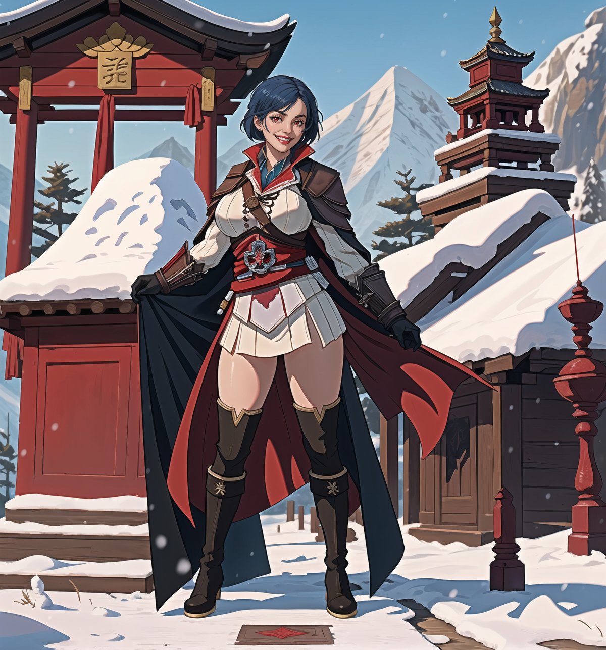 An ultra-detailed 16K masterpiece in the styles of ((Assassin's Creed)), fantasy and adventure, rendered in ultra-high resolution with realistic detail. Fammy, a beautiful 23-year-old woman, is dressed as an assassin in an ancient temple in the snowy mountains. She wears a black cape, a white tunic, a black belt, black boots and black gloves. Her short blue hair is styled in a Mohican cut with gradient effects. She has red eyes, looking at the viewer while ((smiling, showing her teeth)) and wearing red lipstick. The image emphasises Fammy's imposing figure and the architectural elements of the ancient temple. The rocky, wooden and carved structures, together with the statuettes and the backdrop of snowy mountains, create a mysterious and tense atmosphere. The melted wax candles, stone sarcophagus and bones scattered on the floor add macabre detail to the scene. Soft, sombre lighting effects create a relaxing, mysterious atmosphere, while detailed textures on the structures and costume add realism to the image. | A tense and mysterious scene of a beautiful assassin in an ancient temple in the snowy mountains, fusing elements of Assassin's Creed, fantasy and adventure. (((The image reveals a full-body shot as Fammy assumes a sensual pose, engagingly leaning against a structure within the scene in an exciting manner. She takes on a sensual pose as she interacts, boldly leaning on a structure, leaning back and boldly throwing herself onto the structure, reclining back in an exhilarating way.))). | ((((full-body shot)))), ((perfect pose)), ((perfect limbs, perfect fingers, better hands, perfect hands, hands)), ((perfect legs, perfect feet)), ((huge breasts)), ((perfect design)), ((perfect composition)), ((very detailed scene, very detailed background, perfect layout, correct imperfections)), Enhance, Ultra details++, More Detail, poakl