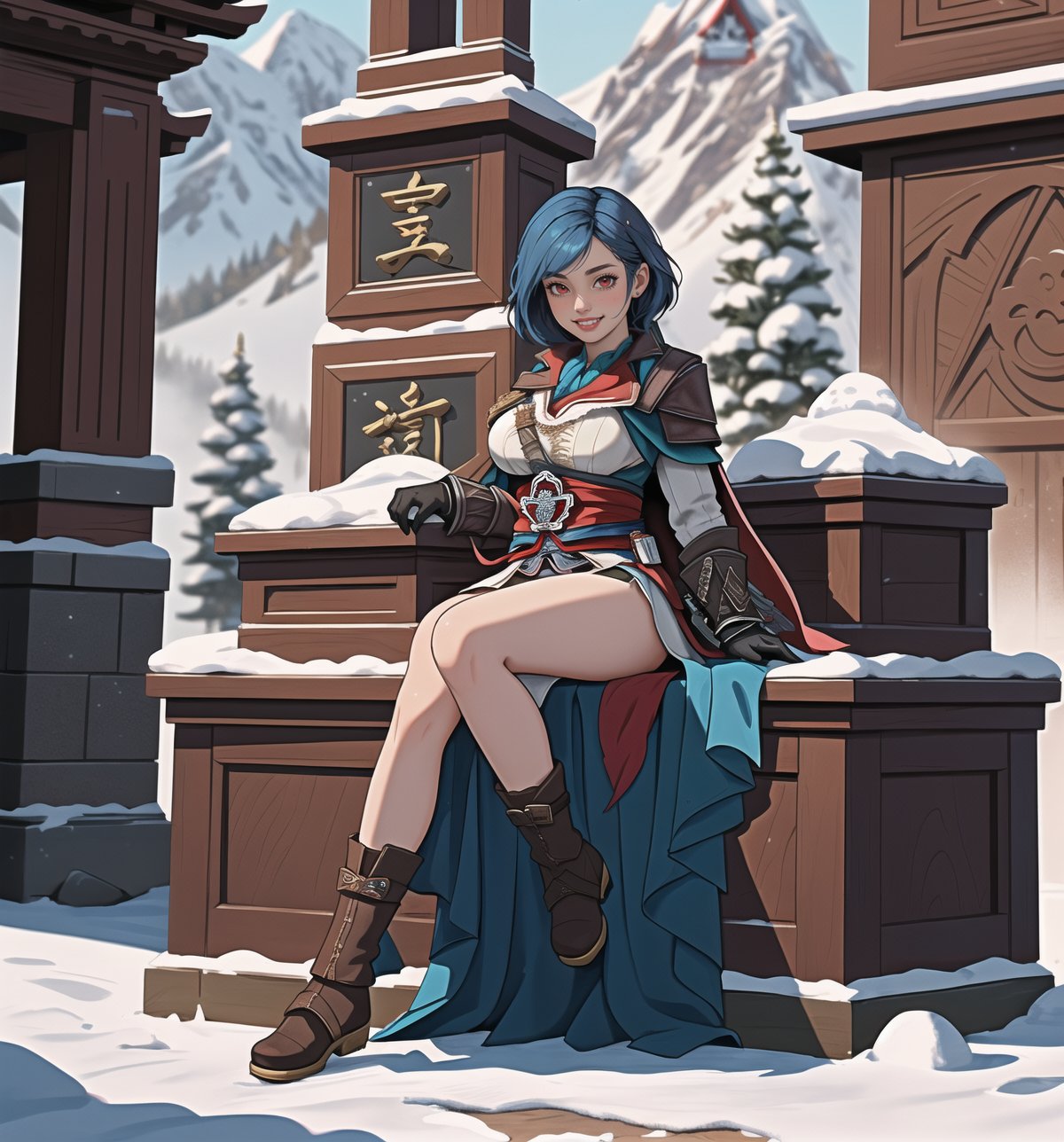 An ultra-detailed 16K masterpiece in the styles of ((Assassin's Creed)), fantasy and adventure, rendered in ultra-high resolution with realistic detail. Fammy, a beautiful 23-year-old woman, is dressed as an assassin in an ancient temple in the snowy mountains. She wears a black cape, a white tunic, a black belt, black boots and black gloves. Her short ((blue hair)) is styled in a Mohican cut with gradient effects. She has red eyes, ((looking at the viewer while smiling, showing her teeth)) and wearing red lipstick. The image emphasises Fammy's imposing figure and the architectural elements of the ancient temple. The rocky, wooden and carved structures, together with the statuettes and the backdrop of snowy mountains, create a mysterious and tense atmosphere. The melted wax candles, stone sarcophagus and bones scattered on the floor add macabre detail to the scene. Soft, sombre lighting effects create a relaxing, mysterious atmosphere, while detailed textures on the structures and costume add realism to the image. | A tense and mysterious scene of a beautiful assassin in an ancient temple in the snowy mountains, fusing elements of Assassin's Creed, fantasy and adventure. (((The image reveals a full-body shot as Fammy assumes a sensual pose, engagingly leaning against a structure within the scene in an exciting manner. She takes on a sensual pose as she interacts, boldly leaning on a structure, leaning back and boldly throwing herself onto the structure, reclining back in an exhilarating way.))). | ((((full-body shot)))), ((perfect pose)), ((perfect limbs, perfect fingers, better hands, perfect hands, hands)), ((perfect legs, perfect feet)), ((huge breasts)), ((perfect design)), ((perfect composition)), ((very detailed scene, very detailed background, perfect layout, correct imperfections)), Enhance, Ultra details++, More Detail, poakl
