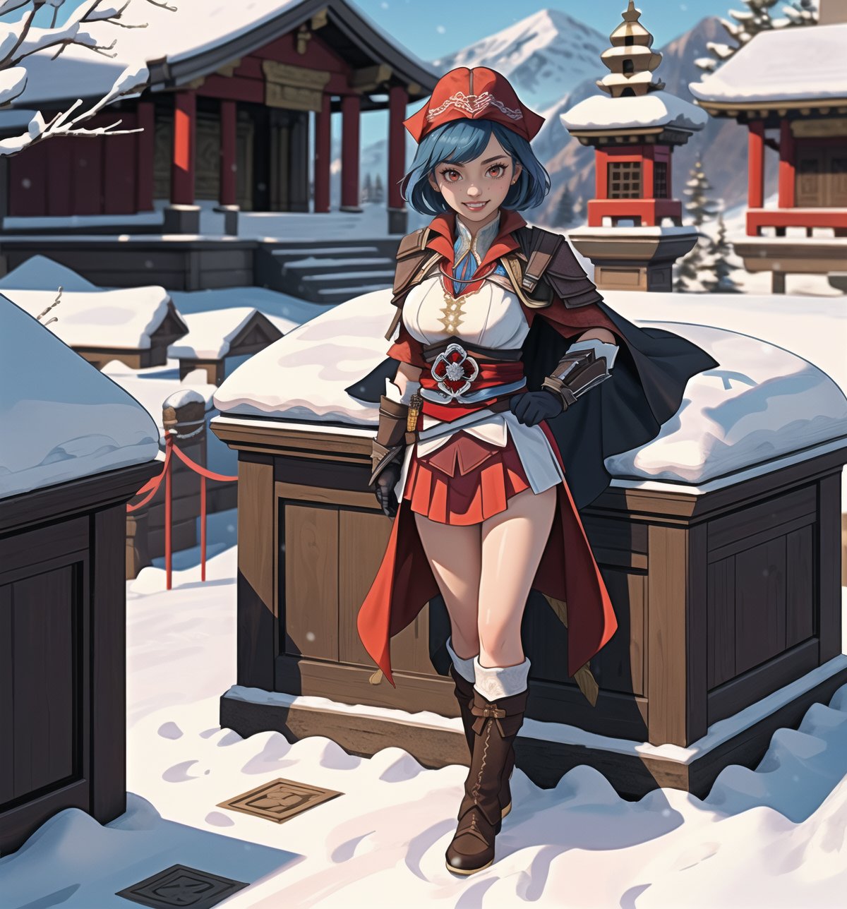 An ultra-detailed 16K masterpiece in the styles of ((Assassin's Creed)), fantasy and adventure, rendered in ultra-high resolution with realistic detail. Fammy, a beautiful 23-year-old woman, is dressed as an assassin in an ancient temple in the snowy mountains. She wears a black cape, a white tunic, a black belt, black boots and black gloves. Her short ((blue hair)) is styled in a Mohican cut with gradient effects. She has red eyes, ((looking at the viewer while smiling, showing her teeth)) and wearing red lipstick. The image emphasises Fammy's imposing figure and the architectural elements of the ancient temple. The rocky, wooden and carved structures, together with the statuettes and the backdrop of snowy mountains, create a mysterious and tense atmosphere. The melted wax candles, stone sarcophagus and bones scattered on the floor add macabre detail to the scene. Soft, sombre lighting effects create a relaxing, mysterious atmosphere, while detailed textures on the structures and costume add realism to the image. | A tense and mysterious scene of a beautiful assassin in an ancient temple in the snowy mountains, fusing elements of Assassin's Creed, fantasy and adventure. (((The image reveals a full-body shot as Fammy assumes a sensual pose, engagingly leaning against a structure within the scene in an exciting manner. She takes on a sensual pose as she interacts, boldly leaning on a structure, leaning back and boldly throwing herself onto the structure, reclining back in an exhilarating way.))). | ((((full-body shot)))), ((perfect pose)), ((perfect limbs, perfect fingers, better hands, perfect hands, hands)), ((perfect legs, perfect feet)), ((huge breasts)), ((perfect design)), ((perfect composition)), ((very detailed scene, very detailed background, perfect layout, correct imperfections)), Enhance, Ultra details++, More Detail, poakl