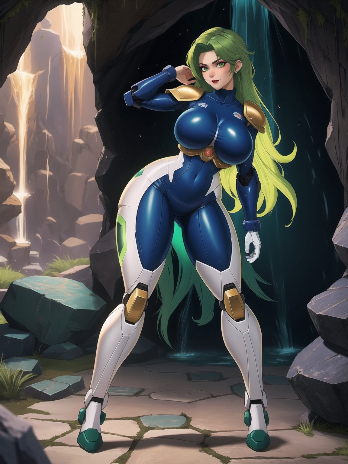 A woman, wearing all white mecha suit, mecha suit with parts in blue, mecha suit with cybernetic armor, very tight mecha suit, ((gigantic breasts, Super Saiyan, green hair)), (looking directly at the viewer), she is, in a dungeon in a cave, with many machines, monsters, robots, altars, pillars of stones, luminous pipes, waterfall, 16K, UHD, best possible quality, ultra detailed, best possible resolution, Unreal Engine 5, professional photography, she is, ((sensual pose with interaction and leaning on anything + object + on something + leaning against)) + perfect_thighs, perfect_legs, perfect_feet, better_hands, ((full body)), More detail,