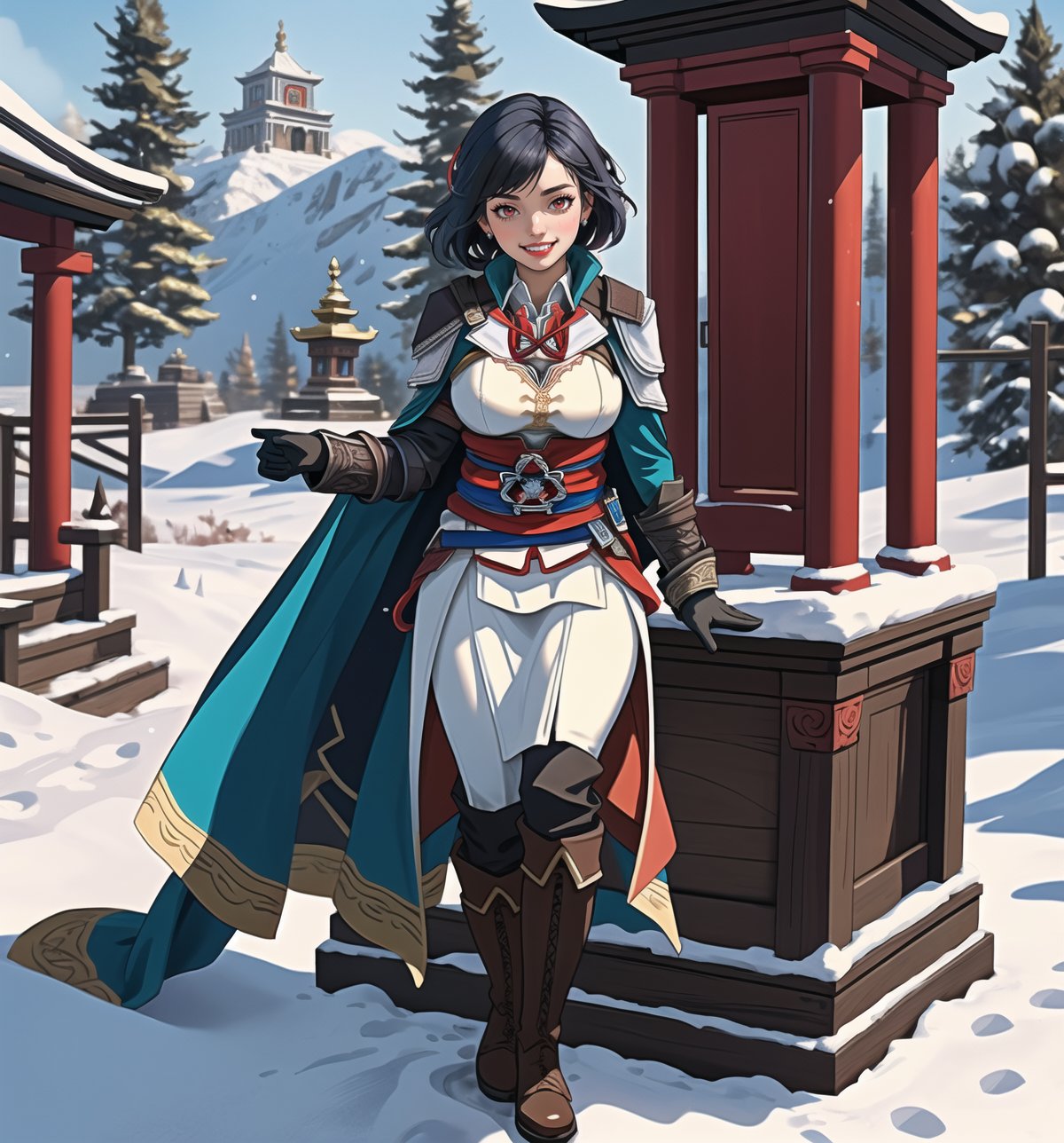 An ultra-detailed 16K masterpiece in the styles of ((Assassin's Creed)), fantasy and adventure, rendered in ultra-high resolution with realistic detail. Fammy, a beautiful 23-year-old woman, is dressed as an assassin in an ancient temple in the snowy mountains. She wears a black cape, a white tunic, a black belt, black boots and black gloves. Her short blue hair is styled in a Mohican cut with gradient effects. She has red eyes, looking at the viewer while ((smiling, showing her teeth)) and wearing red lipstick. The image emphasises Fammy's imposing figure and the architectural elements of the ancient temple. The rocky, wooden and carved structures, together with the statuettes and the backdrop of snowy mountains, create a mysterious and tense atmosphere. The melted wax candles, stone sarcophagus and bones scattered on the floor add macabre detail to the scene. Soft, sombre lighting effects create a relaxing, mysterious atmosphere, while detailed textures on the structures and costume add realism to the image. | A tense and mysterious scene of a beautiful assassin in an ancient temple in the snowy mountains, fusing elements of Assassin's Creed, fantasy and adventure. (((The image reveals a full-body shot as Fammy assumes a sensual pose, engagingly leaning against a structure within the scene in an exciting manner. She takes on a sensual pose as she interacts, boldly leaning on a structure, leaning back and boldly throwing herself onto the structure, reclining back in an exhilarating way.))). | ((((full-body shot)))), ((perfect pose)), ((perfect limbs, perfect fingers, better hands, perfect hands, hands)), ((perfect legs, perfect feet)), ((huge breasts)), ((perfect design)), ((perfect composition)), ((very detailed scene, very detailed background, perfect layout, correct imperfections)), Enhance, Ultra details++, More Detail, poakl