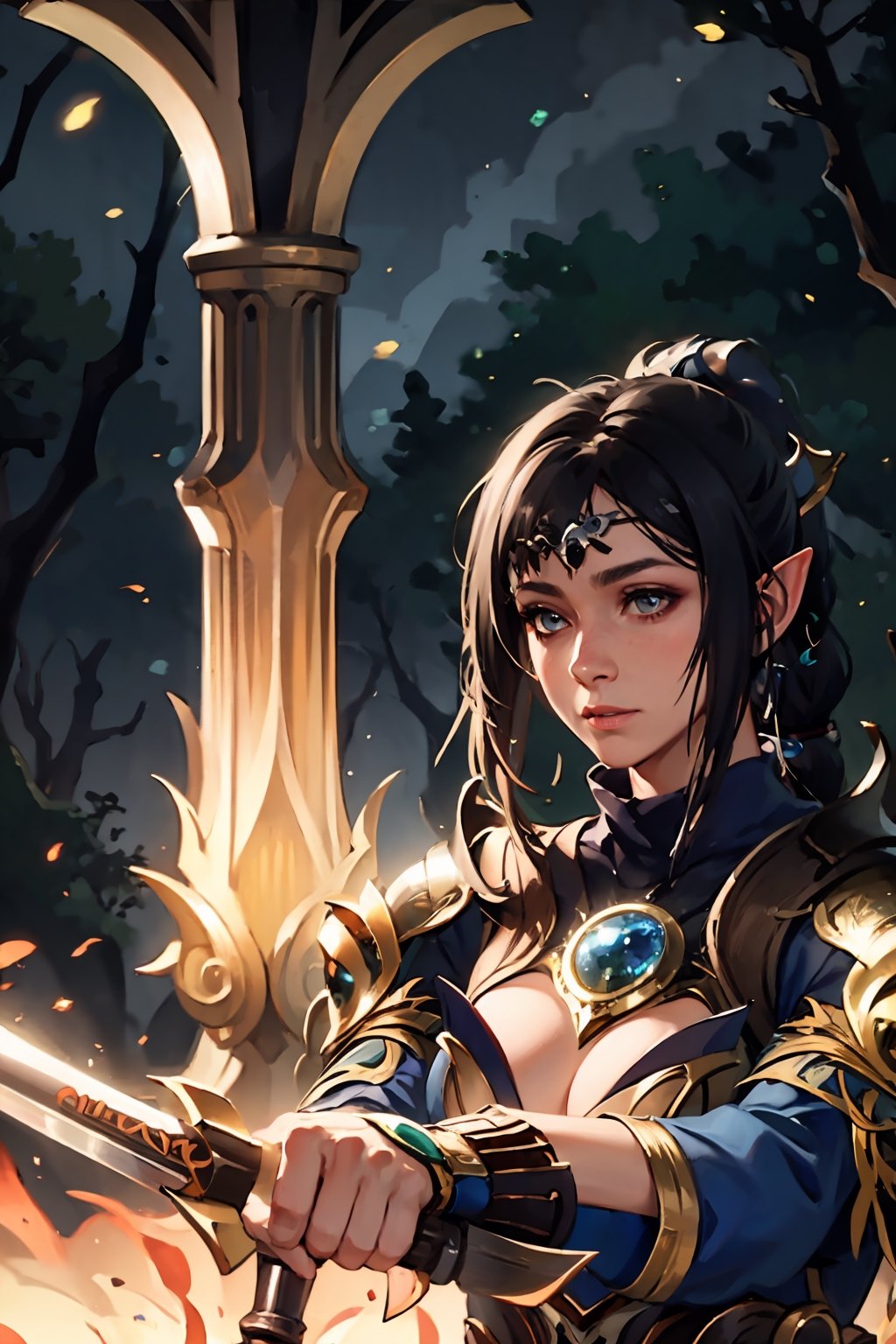 holding sword, huge breasts, (masterpiece), best quality, expressive eyes, perfect face, A colorful and lively illustration inside a forest at night, campfire, Shadowheart huge breasts, fantasy armor, black hair, braided ponytail, circlet, elf, pointy ears, 