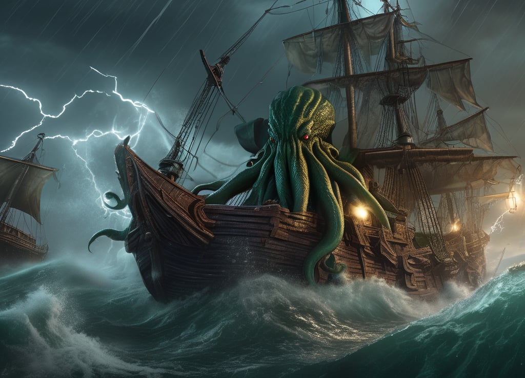 realistic, cthulhu rising from the sea in a storm smashing a pirate ship, intricately detailed, artistic lightning, particles, beautiful, amazing, highly detailed, digital art, sharp focus, trending on art station,