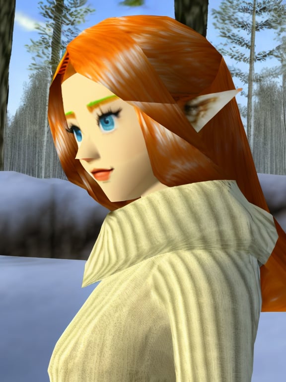  3d, (n64style:1.3), ocarinaoftime, screenshot of a nintendo 64 game, n64, 1girl, human, cute, portrait of a european woman, ginger hair, olive sweater, white shirt, winter forest, natural skin texture, soft cinematic light, elegant, detailed, sharp focus, soothing tones, details, low contrast, dim colors, faded,n64style