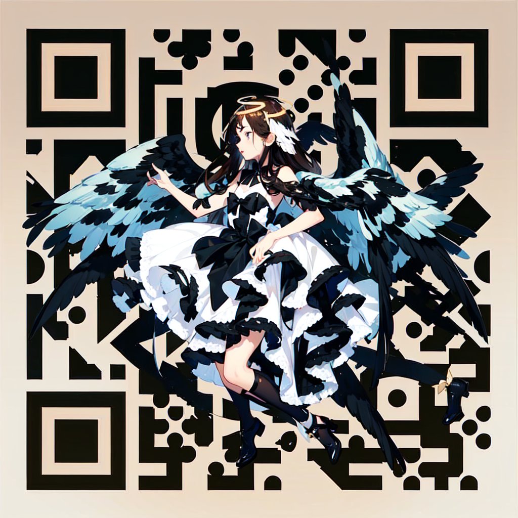 (ribon:1.5),1girl,wings,halo,angel,solo,angel wings,facing the audience,symmetrical picture,dress,brown hair,feathered wings,white dress,profile,jewelry,white wings,hands up,lips,long hair,,, ,