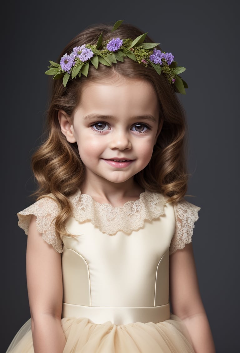 photorealistic, upper body, stand, little girl 5 year-old, realistic eyes, perfect eyes, communion dress, super detailed skin texture,  looking at viewer, blond messy Wavy long Hair, real flowers crown, violet flowers, tulle ruffle collar, lace border, tulle cuffs, bows, photo studio, dark simple blurred background, perfectly illumination, still raw,rfc