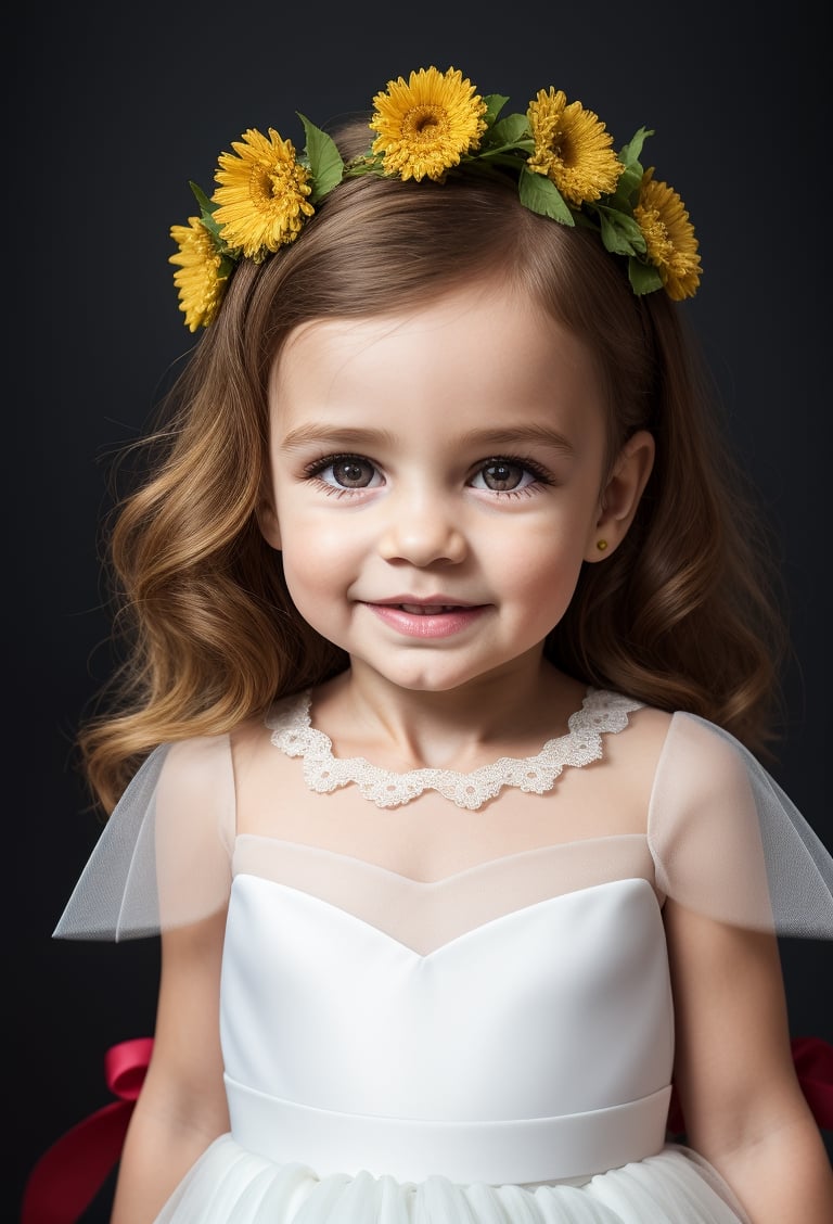 photorealistic, upper body, stand, little girl 5 year-old, realistic eyes, perfect eyes, communion dress, super detailed skin texture,  looking at viewer, blond messy Wavy long Hair, real flowers crown, margaritas flowers, tulle ruffle collar, lace border, tulle cuffs, bows, photo studio, dark simple blurred background, perfectly illumination, still raw,rfc