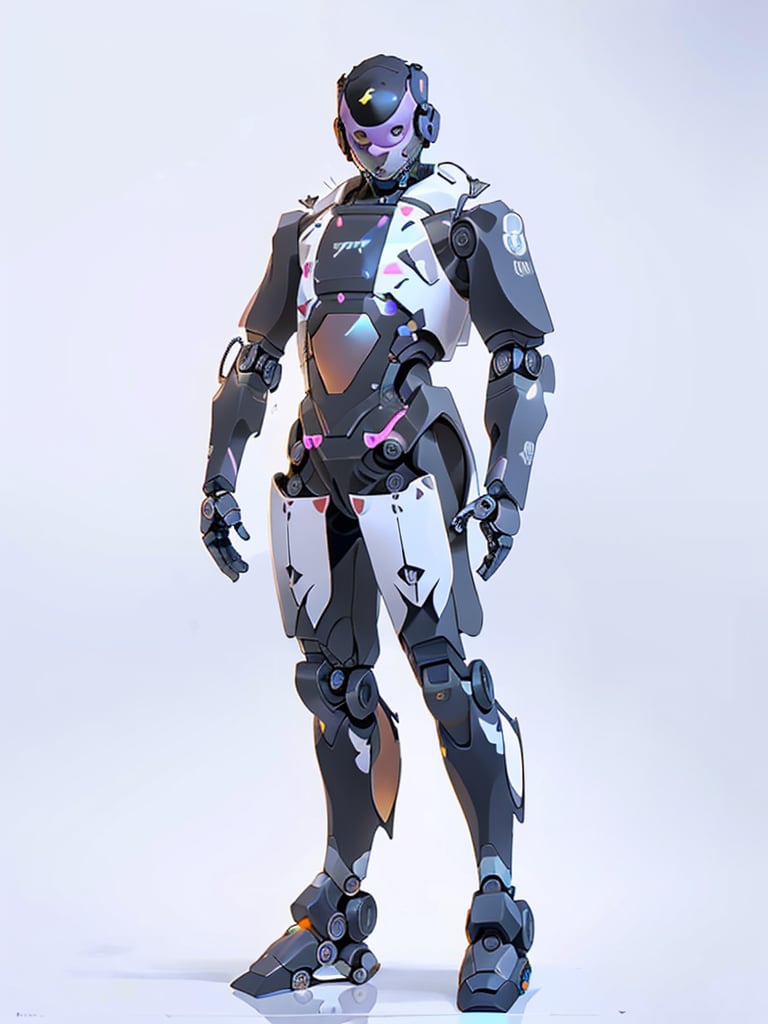 masterpiece, best image, sharp image, (a male robot:1.6), mirrored glass face, high structural technology, elegant design, agile structure, large robotic hands, pneumatic torso, titanium, blue and white and violet and shades of grey color palette, (full body:1.5), long image, 50mm lens, 8k, (white background:1.5), (front view:1.5), heroic pose,cyberhelmet,cyberpunk