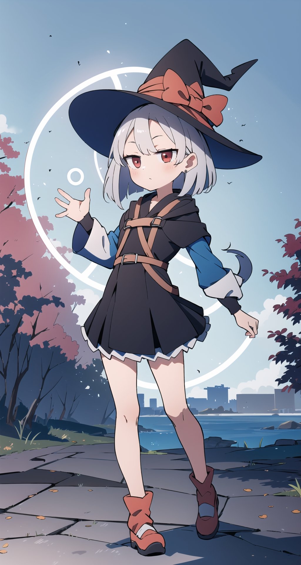 (absurdres, highres, ultra detailed, perfect anatomy:1.2), anime, fullbody, halloween, BREAK
(1girl:1.2), solo, flat chest, waved hair, silver hair, bob hair, (red eyes:1.1), (Magic Circle:1.4), (Witch, Tree), (harness:1.1),
