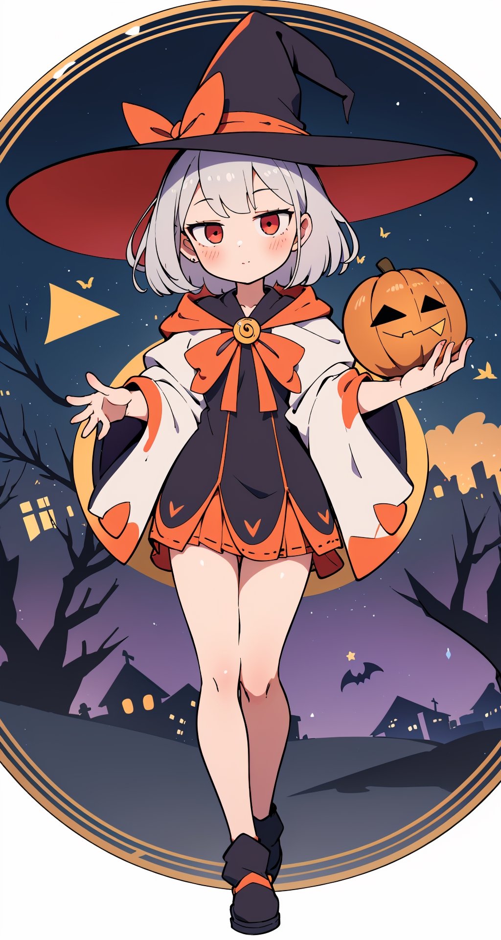 (absurdres, highres, ultra detailed, perfect anatomy:1.2), anime, fullbody, halloween, BREAK
(1girl:1.2), solo, flat chest, waved hair, silver hair, bob hair, (red eyes:1.1), (Magic Circle:1.4), (Witch, Tree)