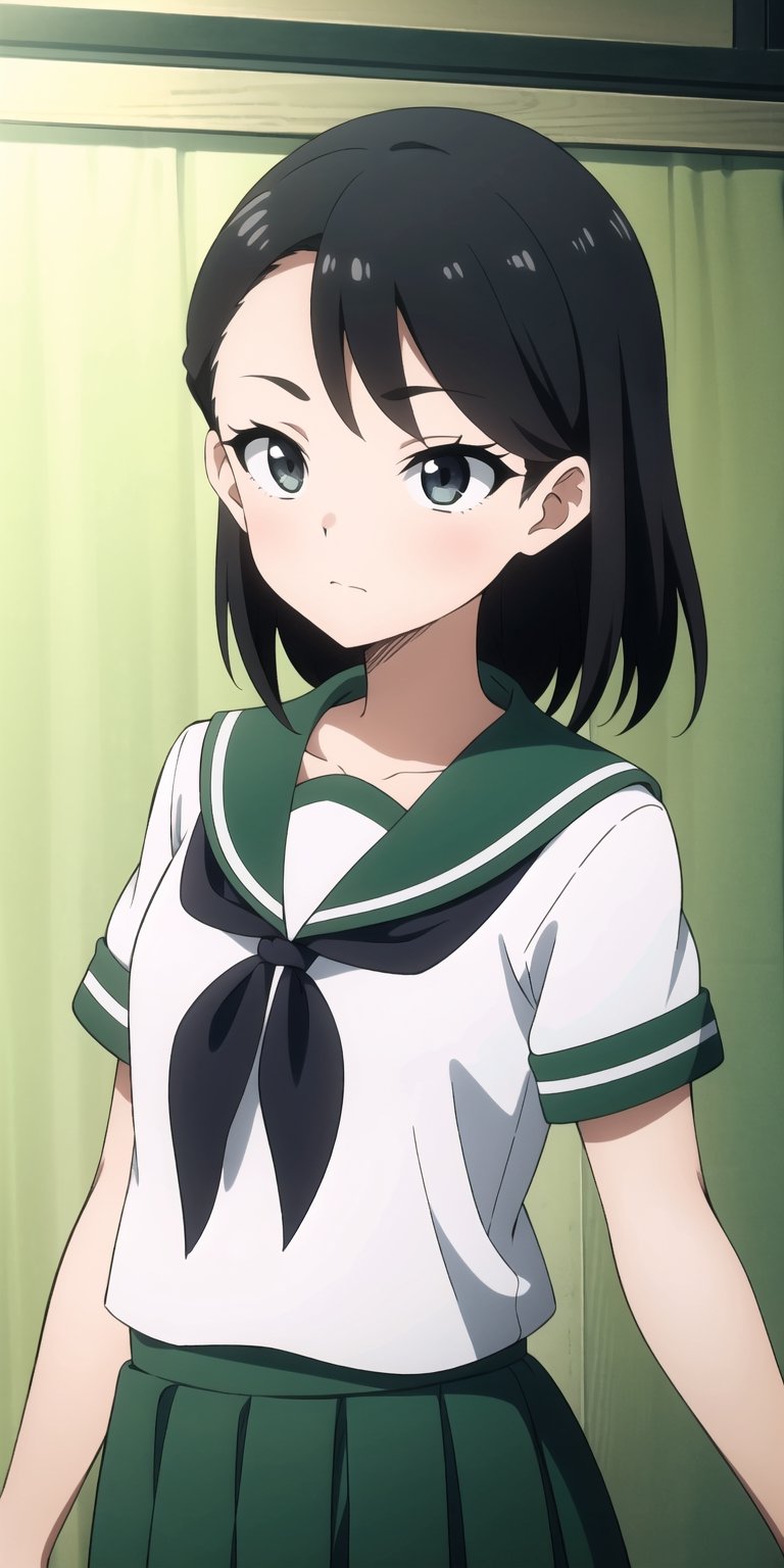 (masterpiece),  1girl,  black hair,  short hair,  ruby eyes,  small breasts,  school uniform,
medium skirt,

green theme,KunoTsubakiv1,green theme