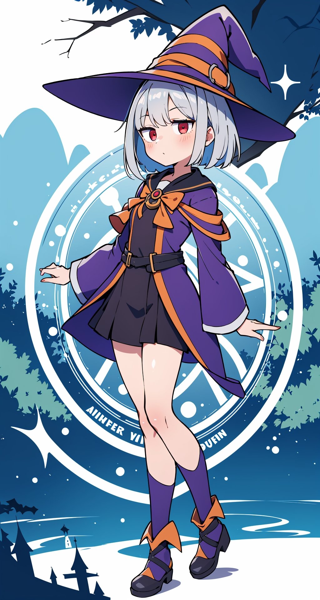 (absurdres, highres, ultra detailed, perfect anatomy:1.2), anime, fullbody, halloween, BREAK
(1girl:1.2), solo, flat chest, waved hair, silver hair, bob hair, (red eyes:1.1), (Magic Circle:1.4), (Witch, Tree)