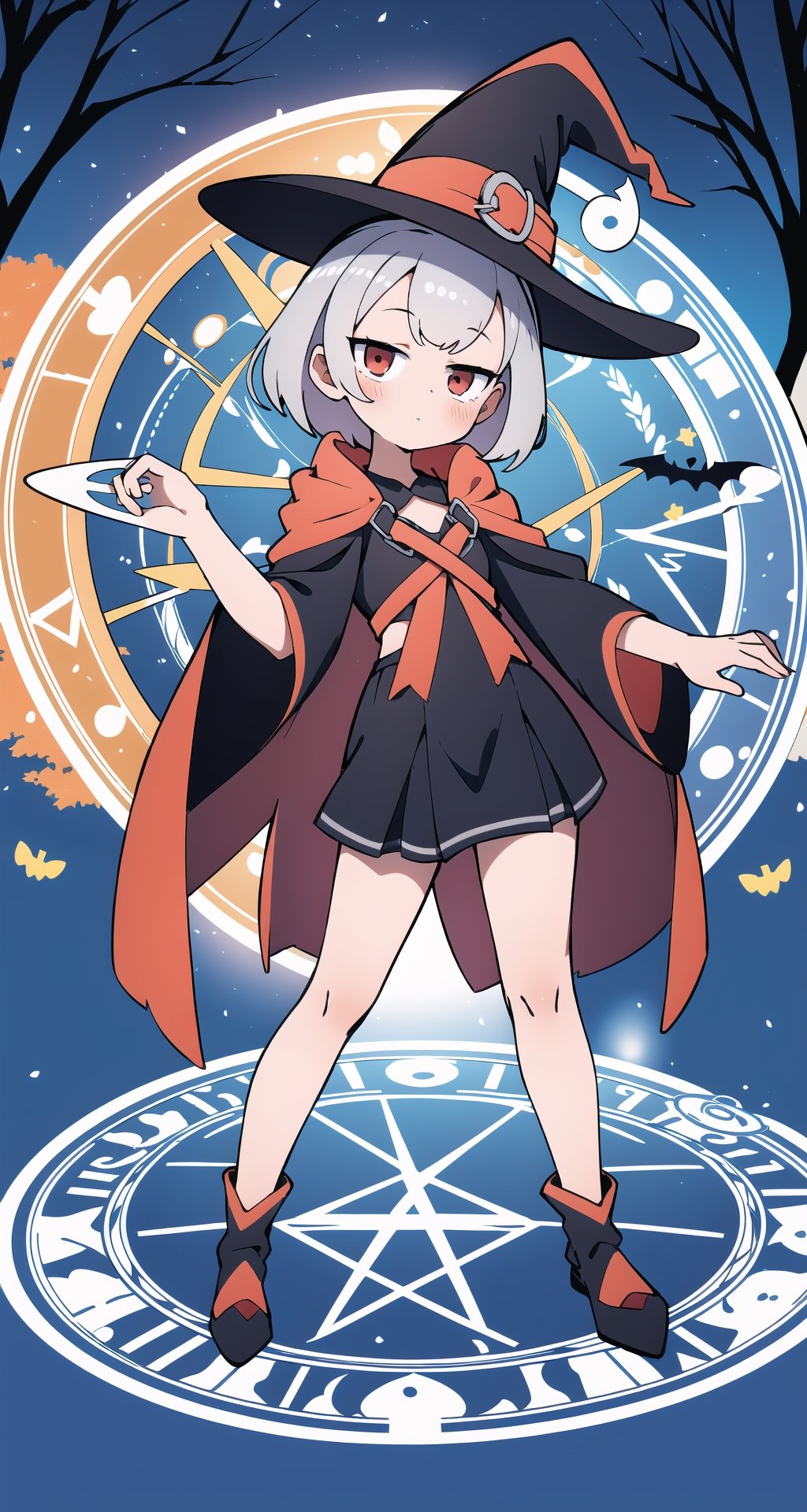(absurdres, highres, ultra detailed, perfect anatomy:1.2), anime, fullbody, halloween, BREAK
(1girl:1.2), solo, flat chest, waved hair, silver hair, bob hair, (red eyes:1.1), (Magic Circle:1.4), (Witch, Tree), (harness:1.1),
