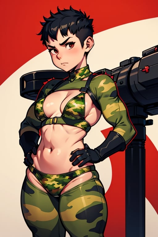 spiky bald hairstyle, short hair, skin, gloves, navel tight, micro red camouflage bikini, female child, (( child front)), big hips breasts, front view focus, female_solo