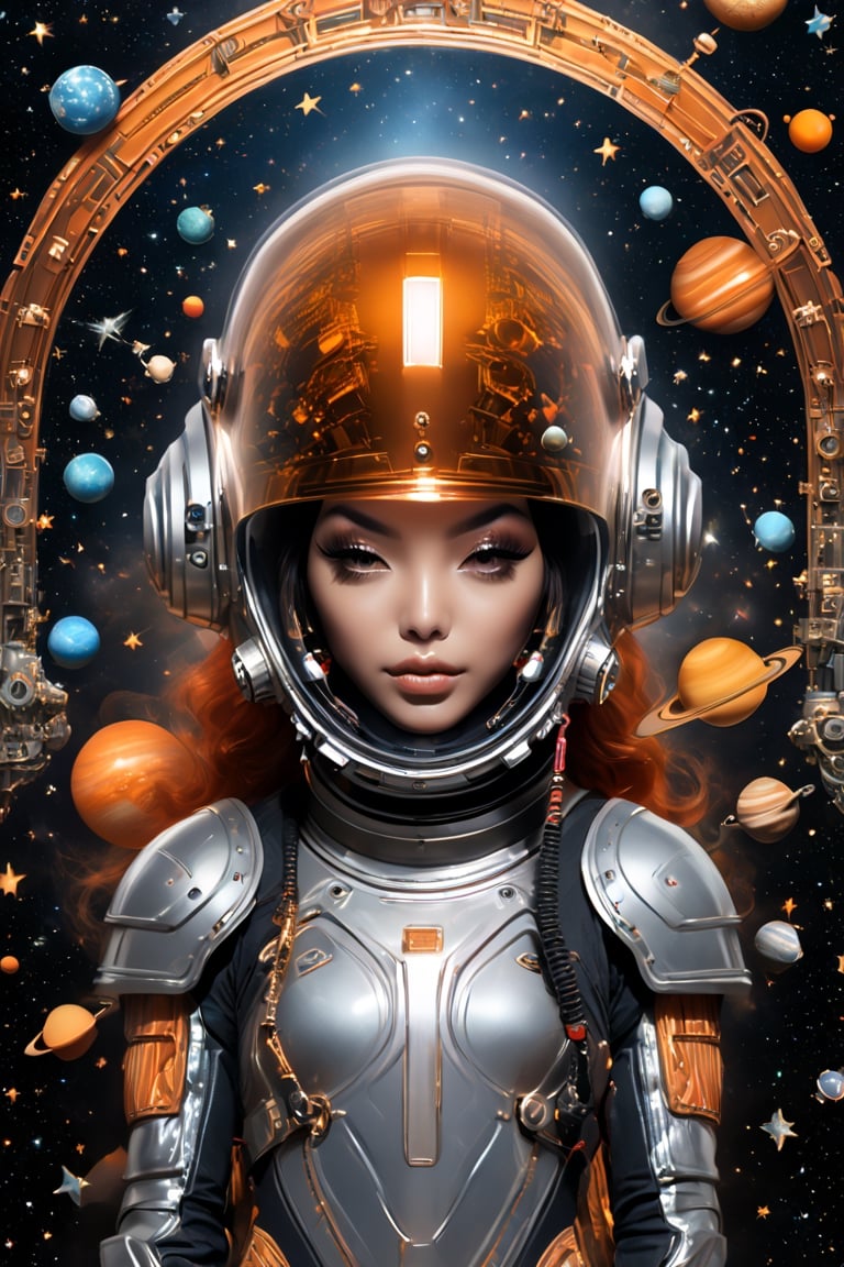 Dive into the depths of kentaro miuras imagination and bring to life a diverse and creative space illustration. Imagine an naked Translucent knightess with towering detailed helmet floating in the vastness of space, masterpiece ,intricate,maximum resolution, hyper detailed, pureerosface_v1,, Vintage Astronaut helmet with translucent dark-amber details, panty, Tighs, striped Stockings ,surrounded by a vibrant and detailed low-tone spacescape. The background should be filled with stars and planets, adding a touch of wonder and mystery to the image. peaceful, symmetrical, hyper-detailed, sharp, high resolution, high quality, 32K, Ultra realistic, HD, super detailed, line art, abstract style,niji style