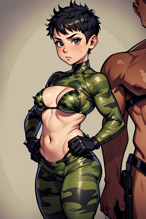 spiky bald hairstyle, short hair, skin, gloves, navel tight, micro fishnet camouflage bikini, female child, (( child front)), big hips breasts, front view focus, female_solo