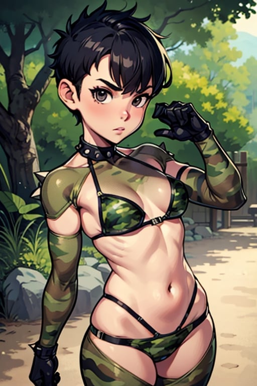 spiky bald hairstyle, short hair, skin, gloves, navel tight, micro fishnet camouflage bikini, female child, (( child front)), big hips breasts, front view focus, female_solo