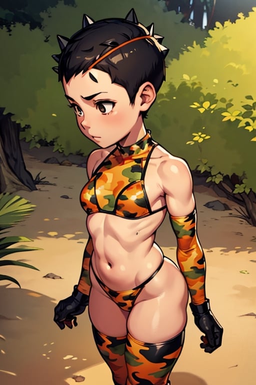 spiky bald hairstyle, short hair, skin, gloves, navel tight, micro orange camouflage bikini, female child, (( child rear)), big hips breasts, front view focus, female_solo
