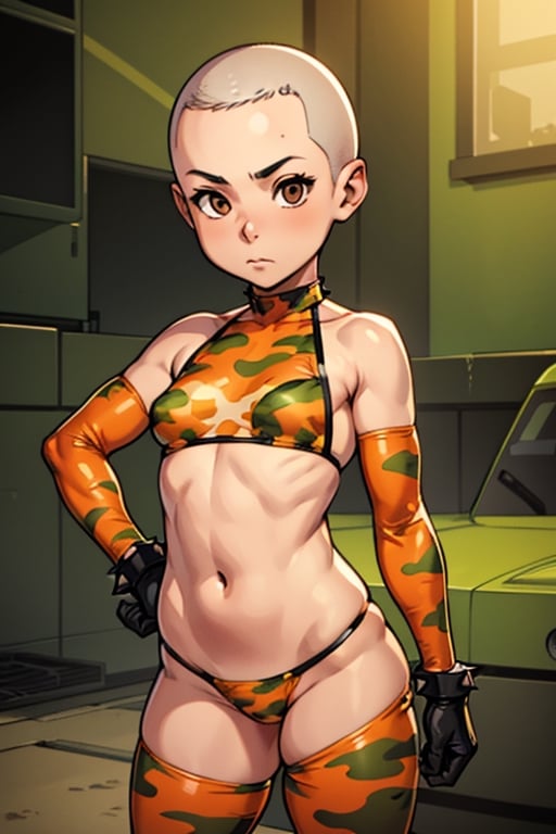 spiky bald hairstyle, short hair, skin, gloves, navel tight, micro orange camouflage bikini, female child, (( child front)), big hips breasts, front view focus, female_solo