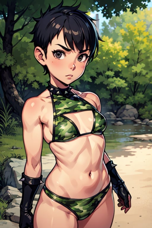 spiky bald hairstyle, short hair, skin, gloves, navel tight, micro water camouflage bikini, female child, (( child front)), big hips breasts, front view focus, female_solo