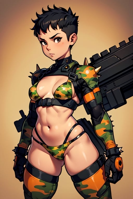 spiky bald hairstyle, short hair, skin, gloves, navel tight, micro orange camouflage bikini, female child, (( child rear)), big hips breasts, front view focus, female_solo