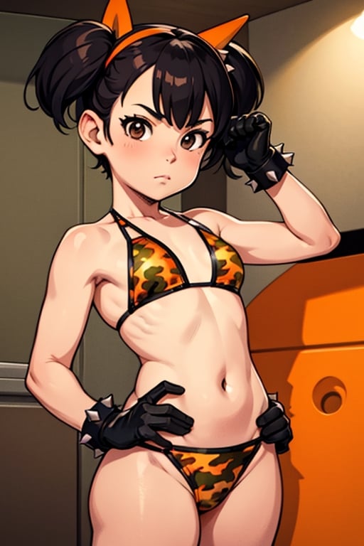 spiky twintails hairstyle, short hair, skin, gloves, navel tight, micro orange camouflage bikini, female child, (( child front)), big hips breasts, front view focus, female_solo