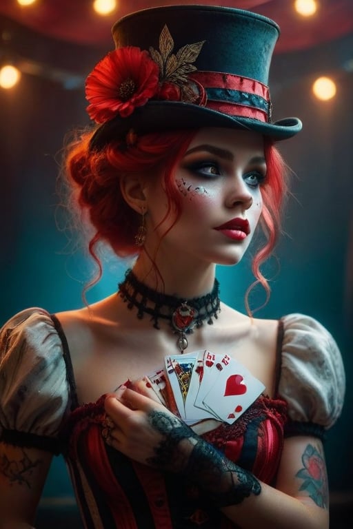 Creates an image of a whimsical circus performer looking into the camera, with detailed red braided hair beneath a striped top hat with a playing card accessory. Includes an intricately designed corset top with an anatomical heart design and vibrant red accents. The layered skirt should have bold white, black, and red stripes that match the pattern on the hat. Adorn your wrists with multiple bracelets with turquoise stones among other varied designs. Surround the figure with small floating red petals to add to the magical atmosphere of the circus stage.