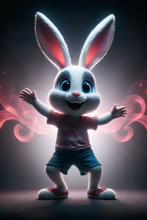 Create an image of an animated character dancing joyfully in front of a dark backdrop with red wavy patterns. The character should be wearing a white tank top with realistic creases and blue shorts that reflect light as if worn. Add whimsical pink bunny ears to the character's head for a playful touch. Ensure the face is obscured for anonymity, perhaps by using creative shadowing or an object held by the character.
