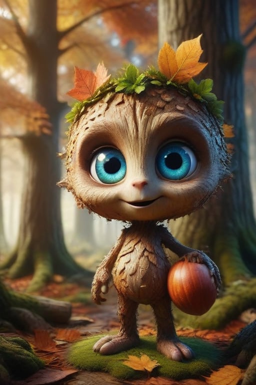 Create an image of an anthropomorphic tree character with large blue eyes and rough bark-like skin texture. In the right hand of the character is an acorn. Include details such as leaves sprouting from the head and body in yellow, orange, and red hues to represent autumn foliage. The background should be a soft-focus forest setting with matching autumn colors.

