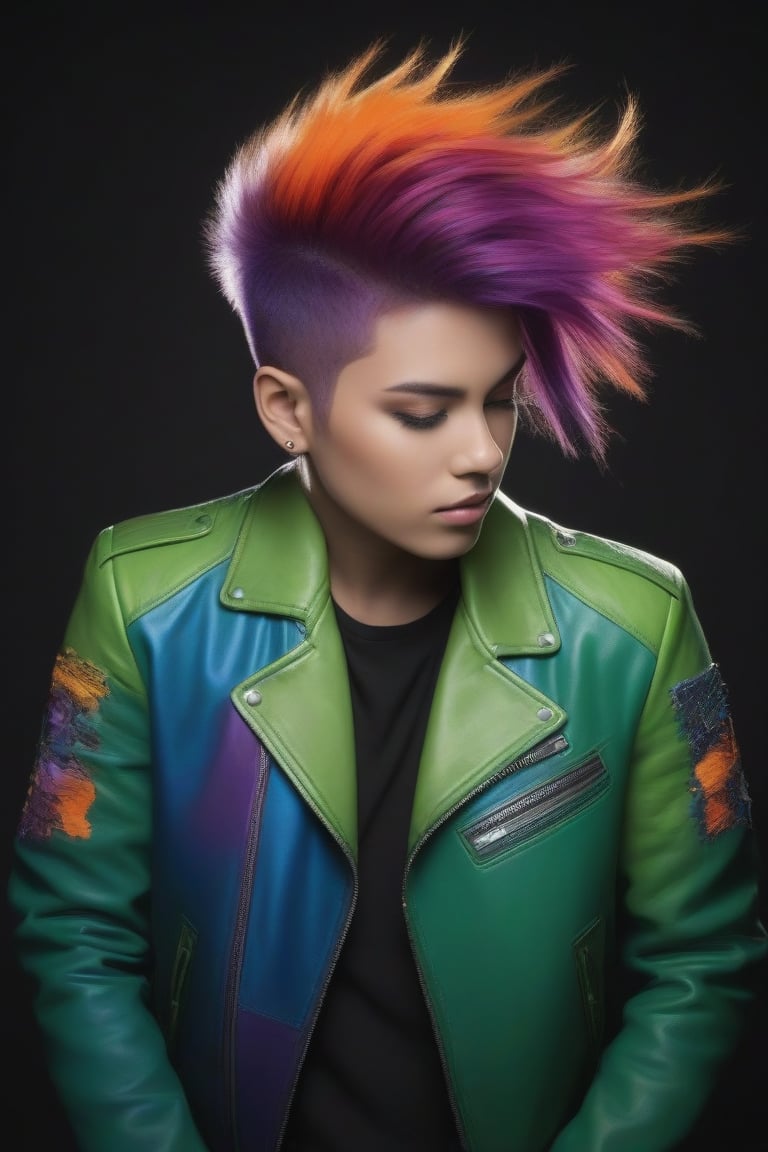 Create an image of a person seen from behind showcasing multicolored hair with streaks of green, orange, and purple. The person wears a vivid green leather jacket adorned with detailed blue patches featuring cartoonish artwork and text elements. Include an abstract dark background that complements the bright colors of the subject's hair and jacket.
