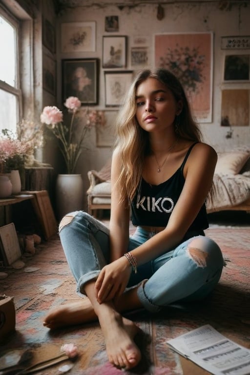 Create an artwork featuring a person sitting on the floor in a bohemian-style room filled with artistic elements like paintings, musical notes floating in the air, speakers suggesting music playing in the background. The person should have long wavy hair in shades of blonde and light brown wearing ripped denim jeans and black top with white lettering "IKO". Include details such as pink flowers in a vase on one side and bracelets around ankles while maintaining soft pastel colors mixed with vibrant hues throughout.
