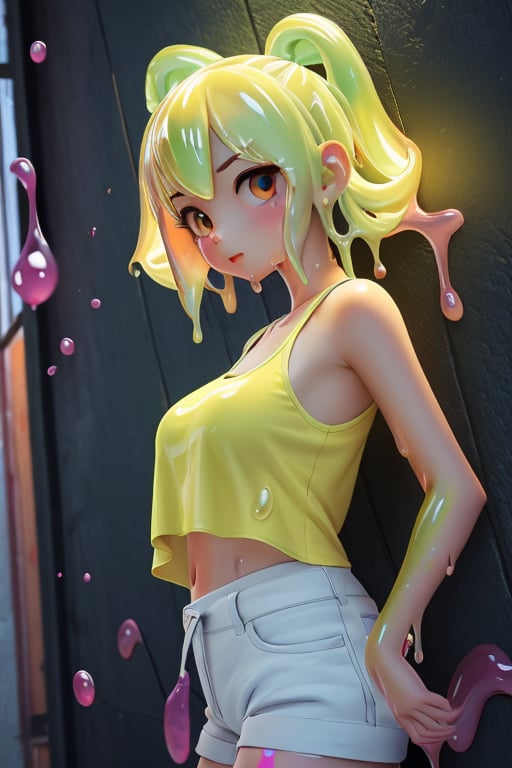 Top quality, Masterpiece, high resolution, 8K,(Paint splashes), colorful color of the glow, lamplight, the girl, Look at the camera, Slime Girl, Flowing tank top shorts, Against the wall, big round eyes, Cutes, 
,3DMM