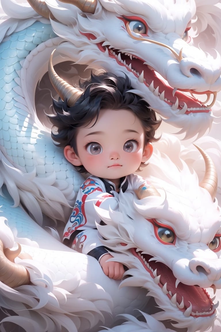 solo, short hair, black hair, red eyes, 1boy, closed mouth, male focus, horns, chibi, aged down, child, dragon, male child,